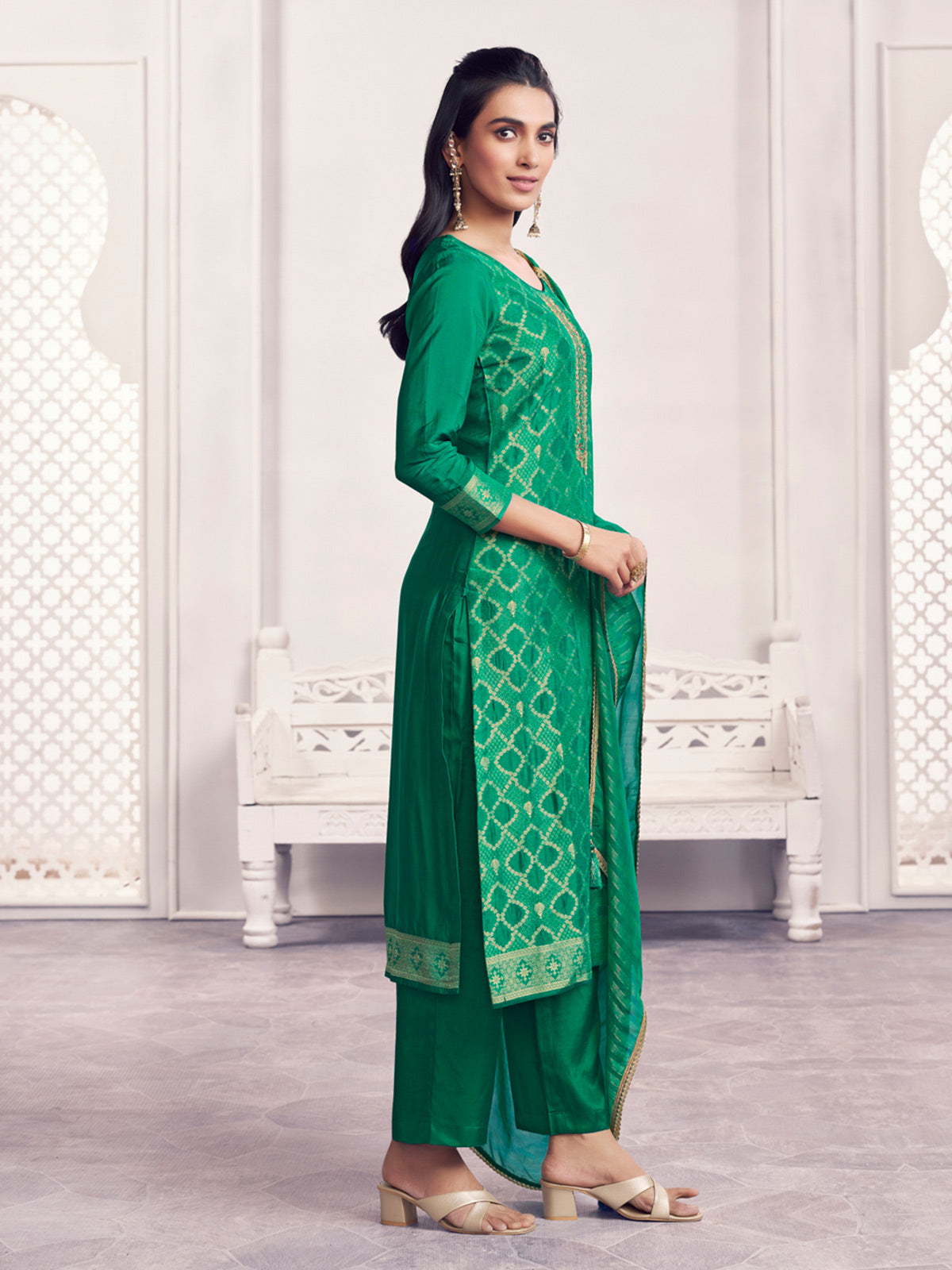 Green geometric zari silk festive drape salwar suit
