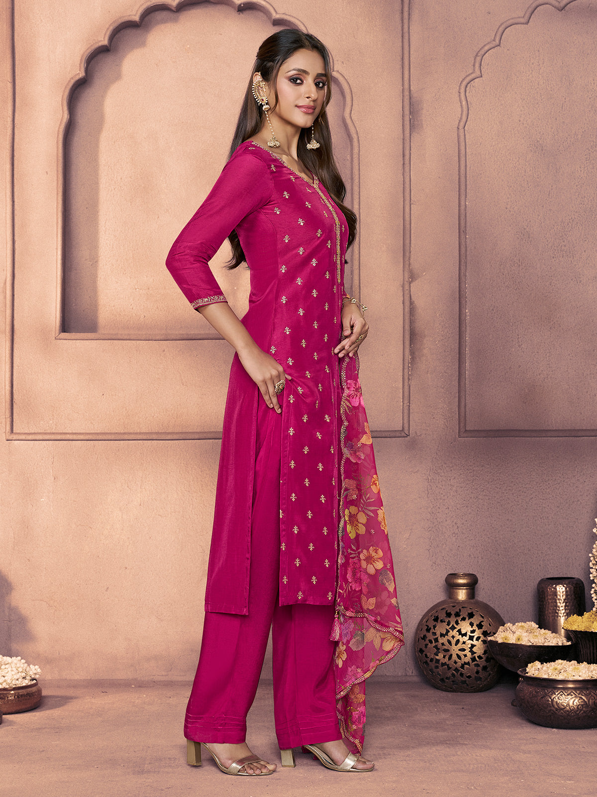 Magenta luminous zari festive pant suit for women