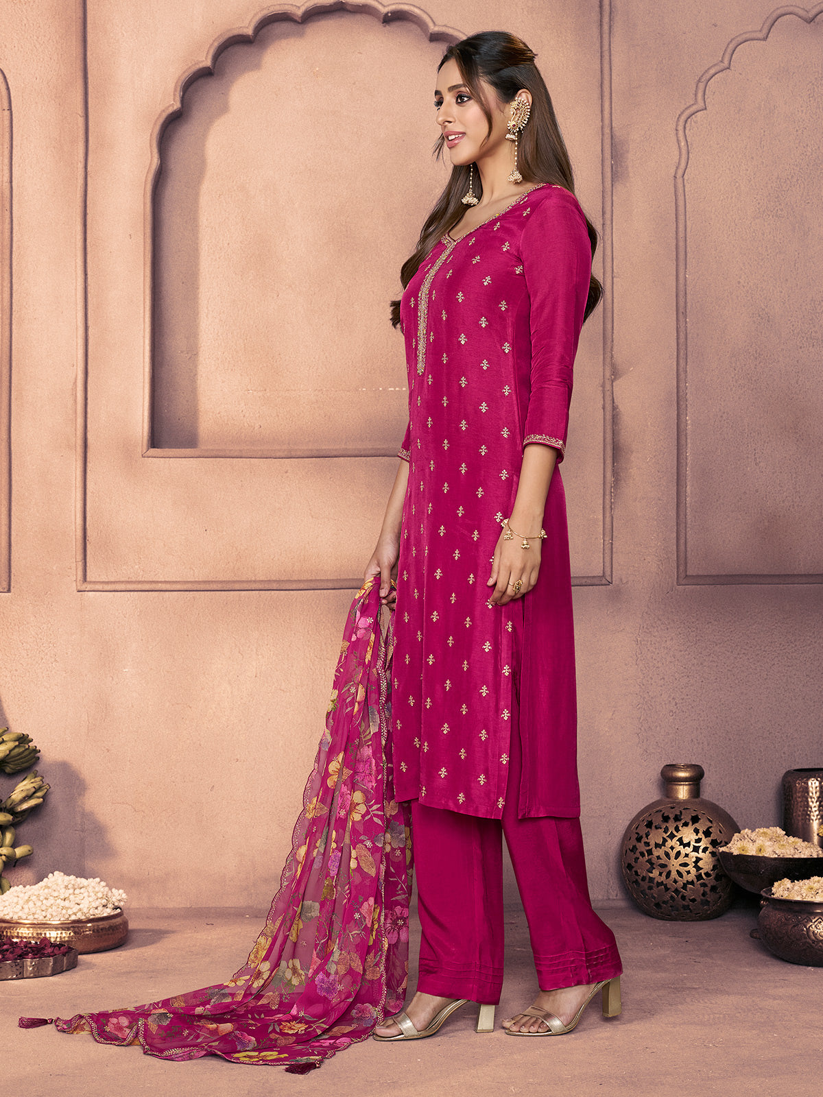 Magenta luminous zari festive pant suit for women