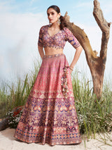 Pink shaded silk lehenga choli with print