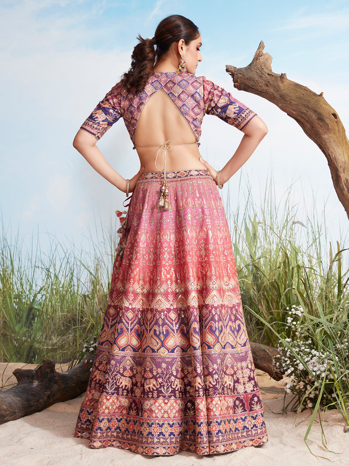 Pink shaded silk lehenga choli with print