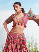 Pink printed wedding wear silk lehenga choli for women