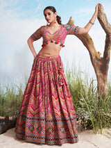 Pink printed wedding wear silk lehenga choli for women