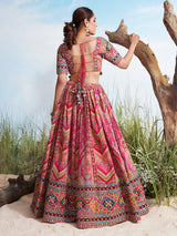 Pink printed wedding wear silk lehenga choli for women