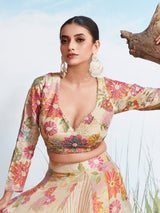Beige printed wedding wear silk lehenga choli