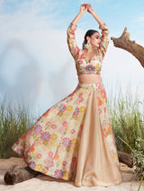 Beige printed wedding wear silk lehenga choli