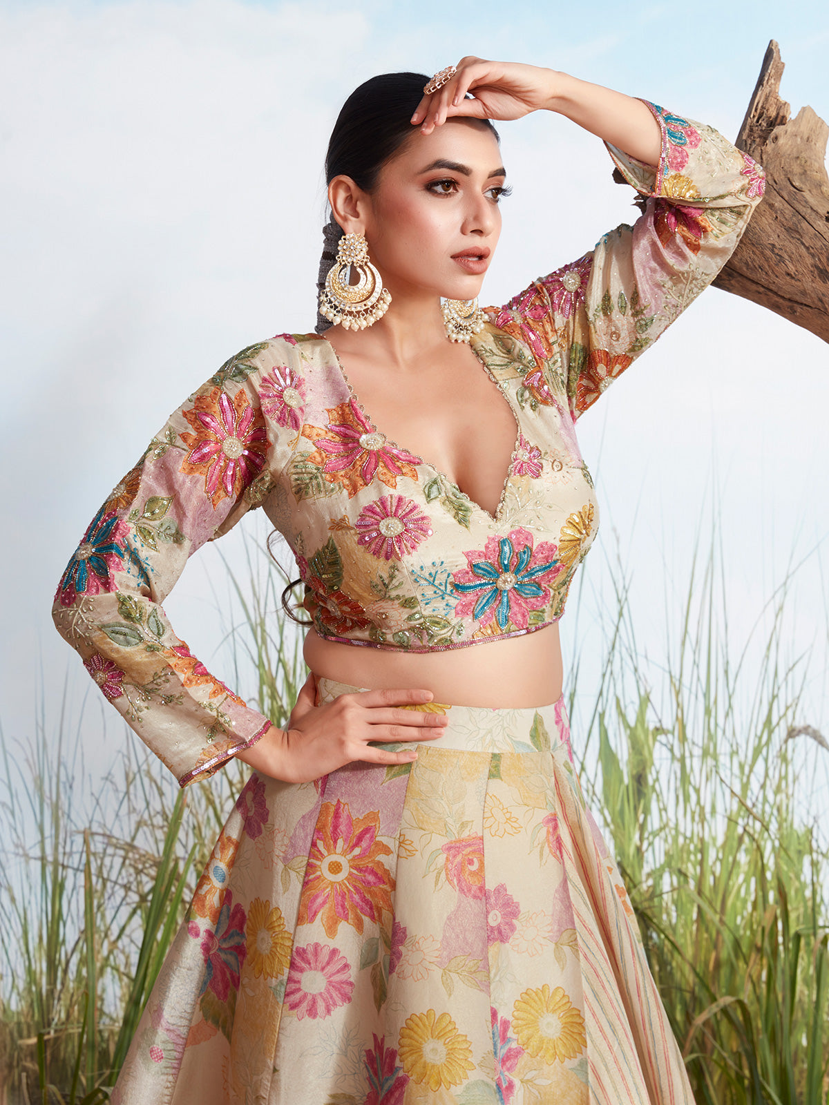Beige printed wedding wear silk lehenga choli