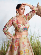 Beige printed wedding wear silk lehenga choli