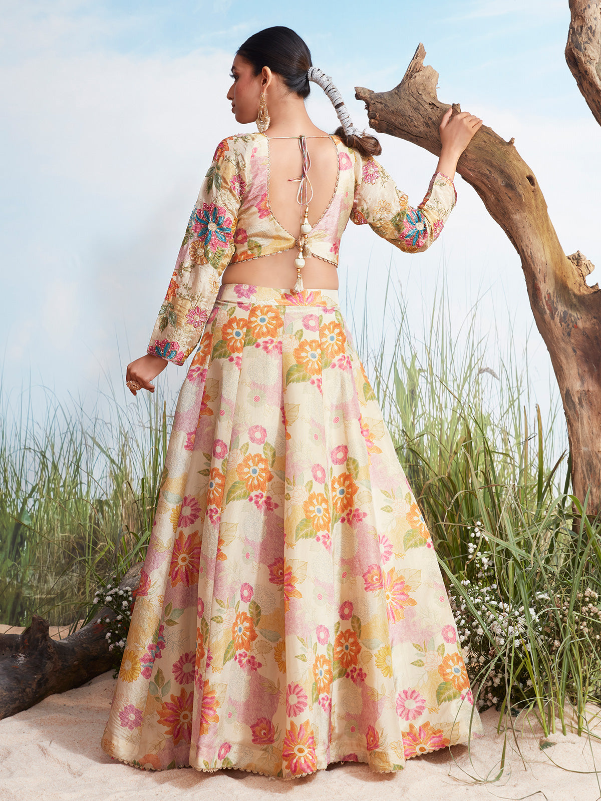 Beige printed wedding wear silk lehenga choli