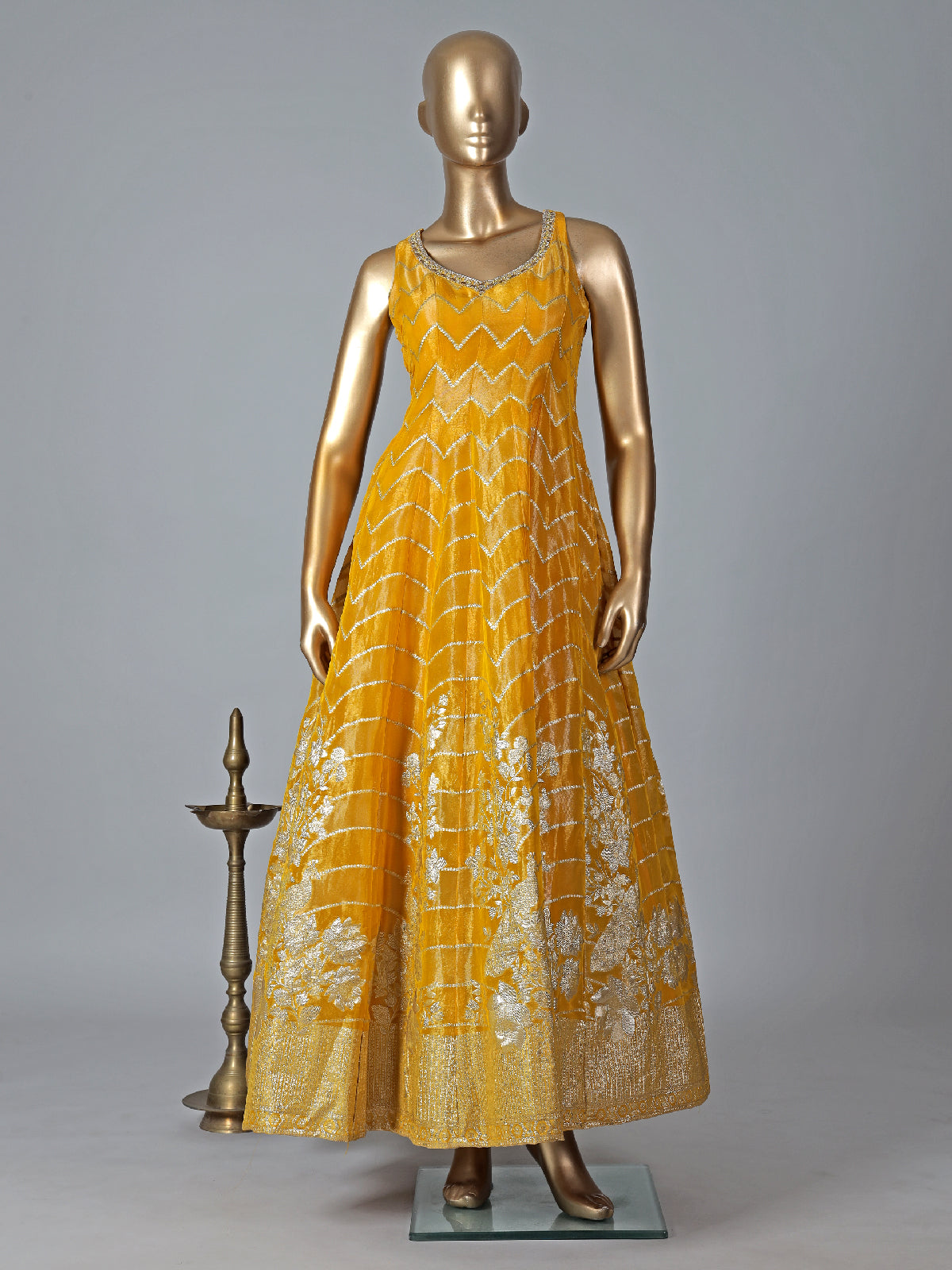 Traditional yellow tissue silk anarkali suit