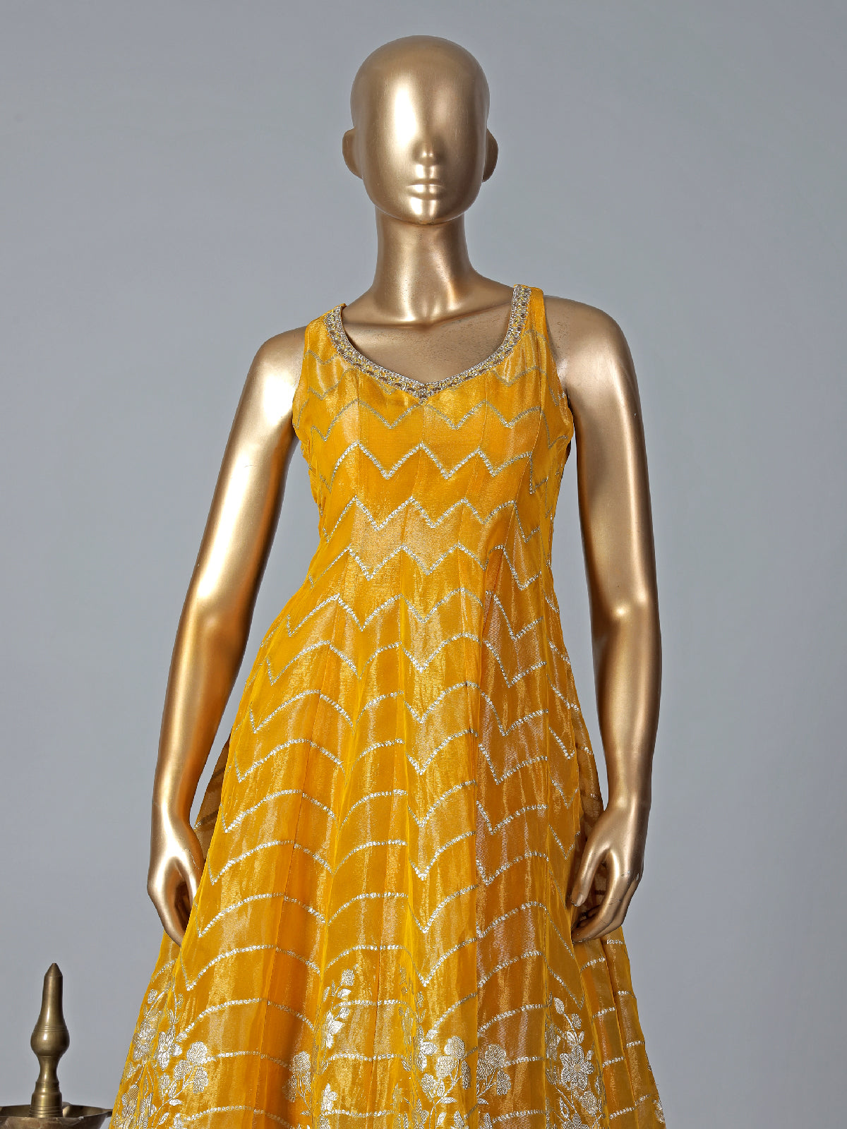 Traditional yellow tissue silk anarkali suit