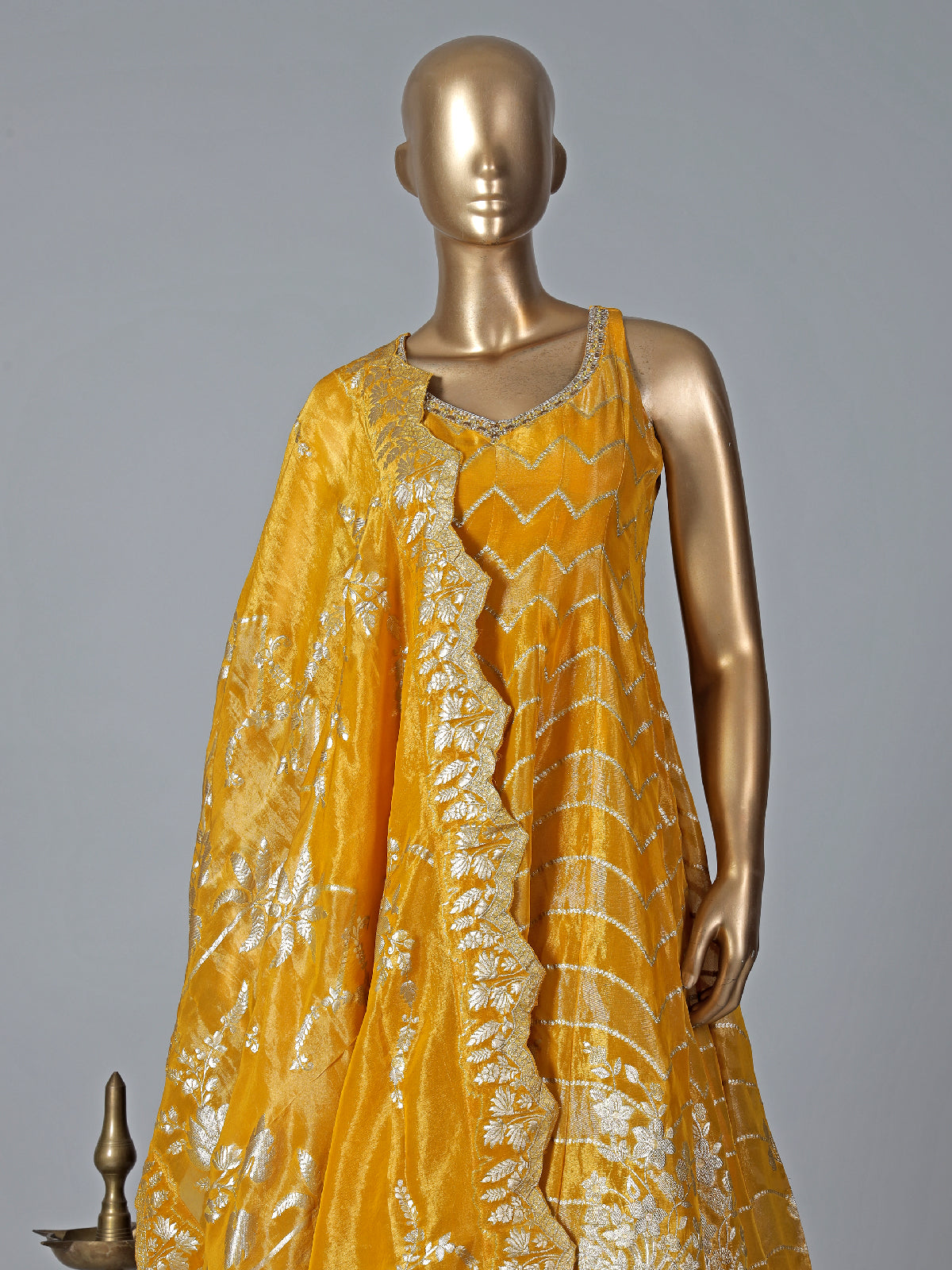 Traditional yellow tissue silk anarkali suit