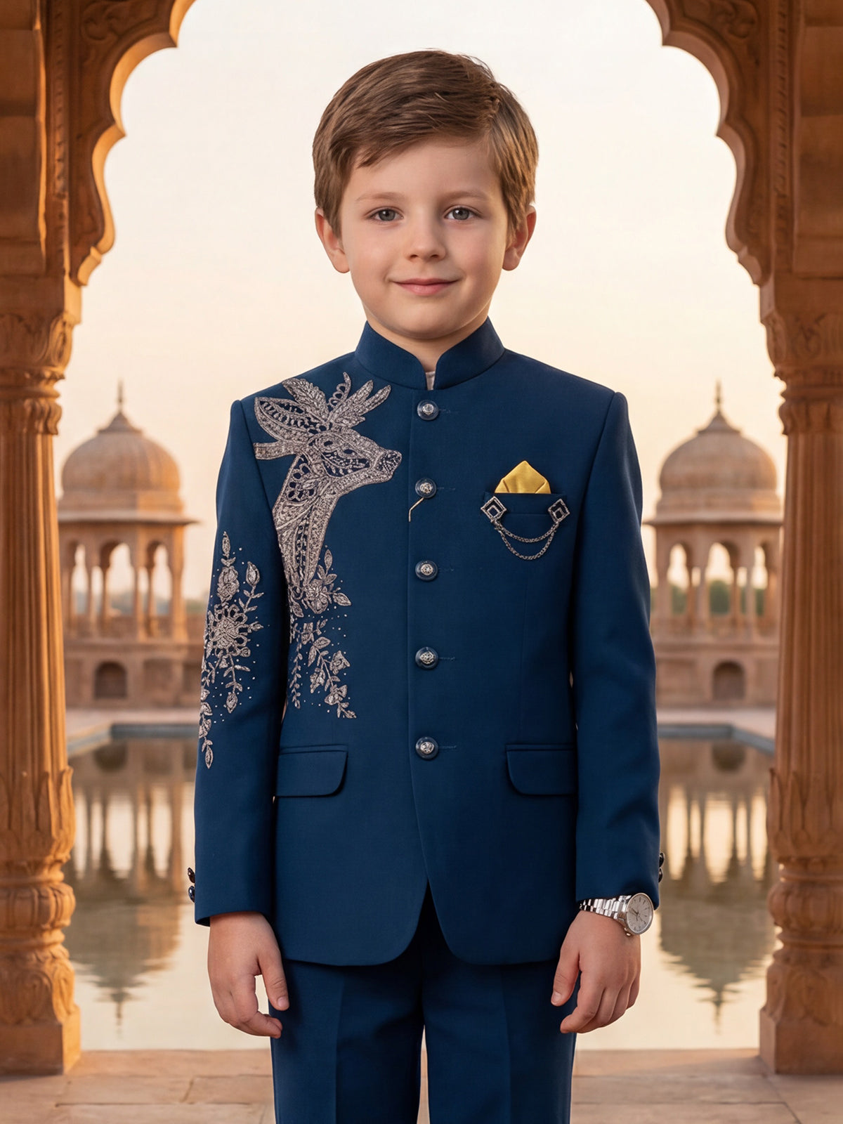 Rama blue terry rayon jodhpuri suit with cutdana and zardosi work
