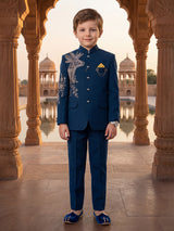 Rama blue terry rayon jodhpuri suit with cutdana and zardosi work