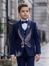 Dark blue terry rayon coat suit with shawl lapel collar