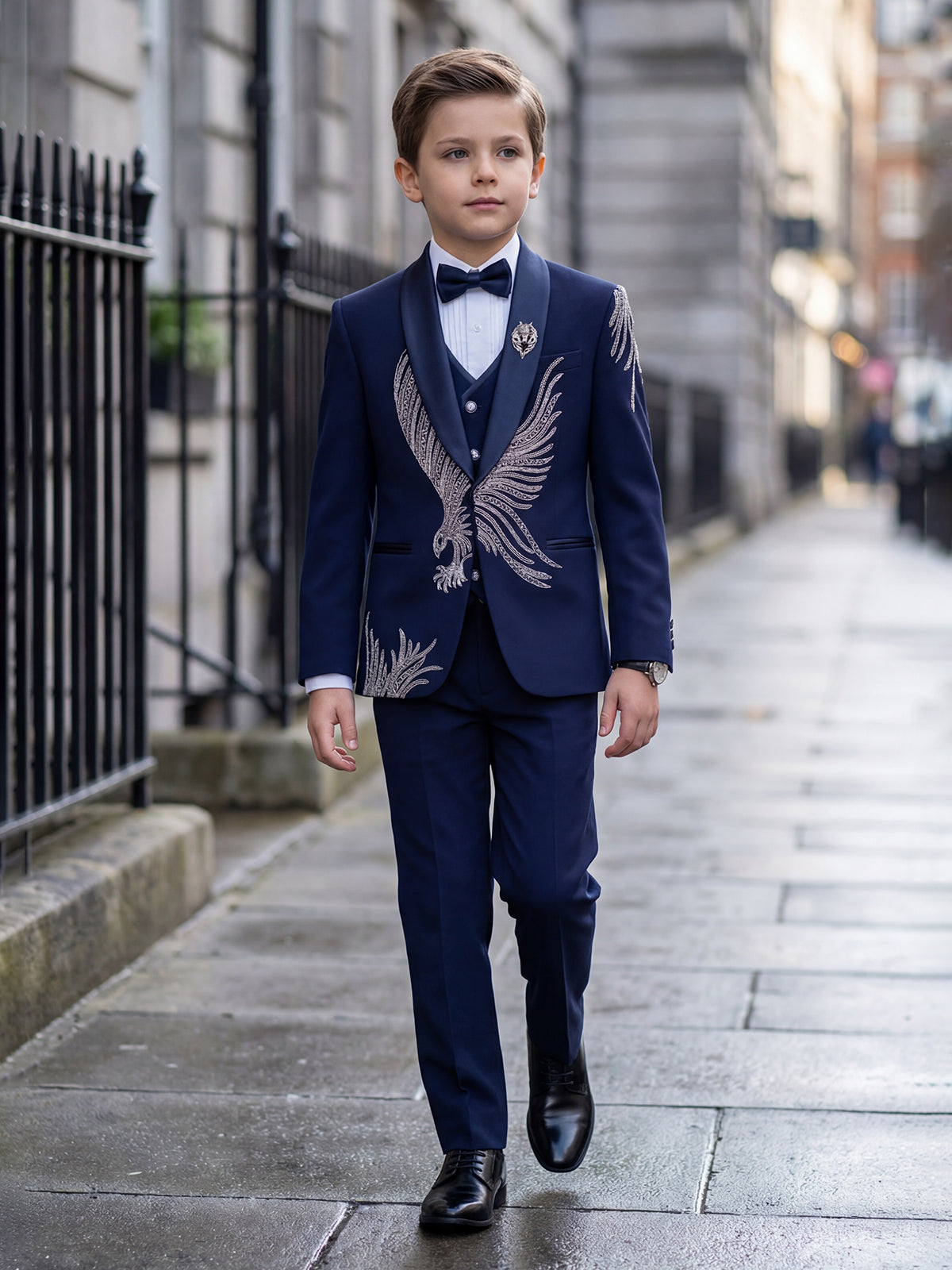 Dark blue terry rayon coat suit with shawl lapel collar