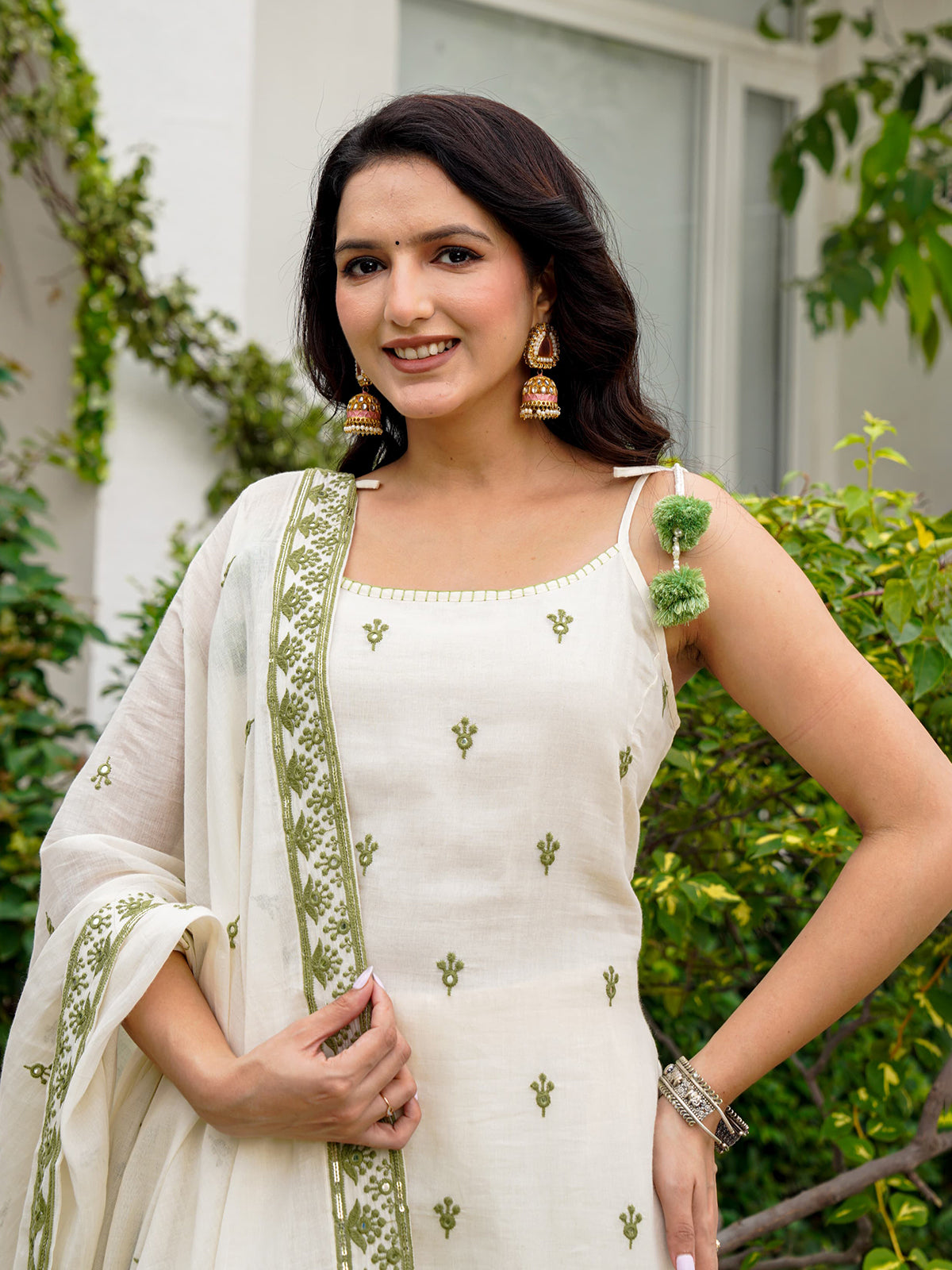 Cream cotton linen green embroidered kurti palazzo set