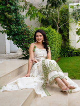 Cream cotton linen green embroidered kurti palazzo set