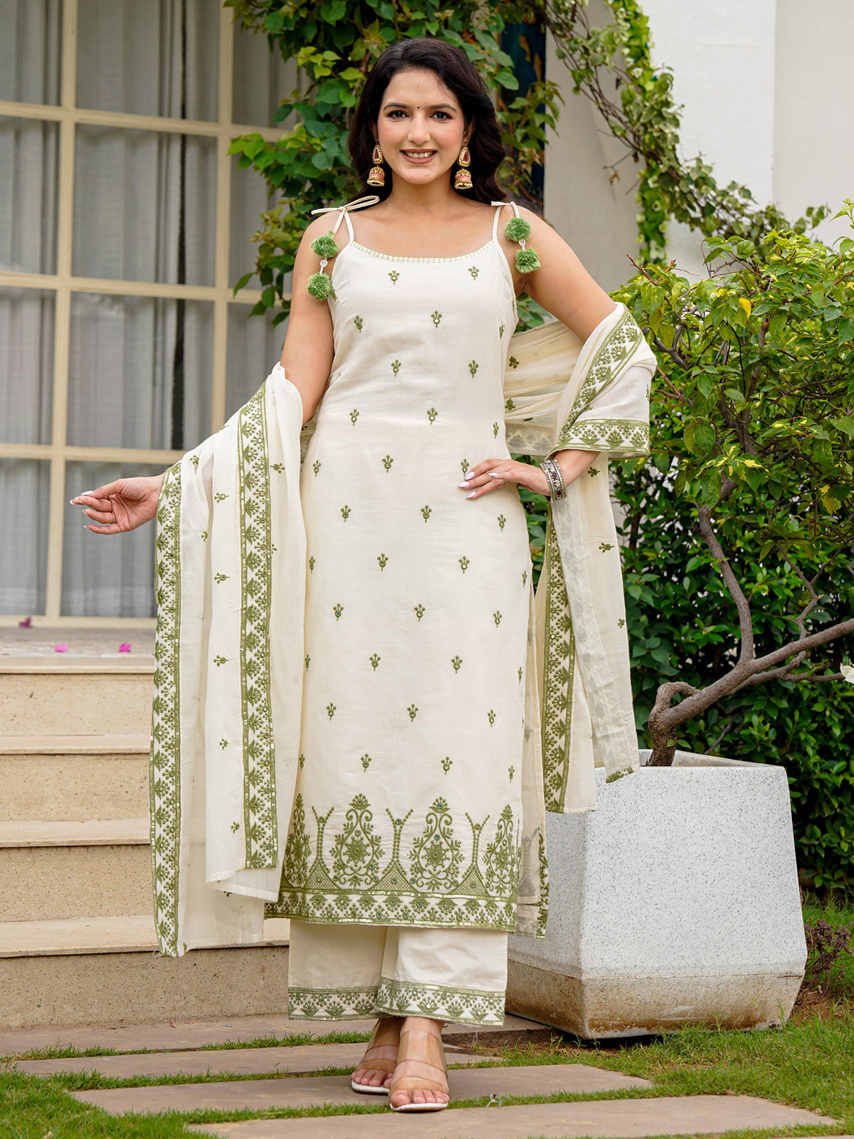 Cream cotton linen green embroidered kurti palazzo set