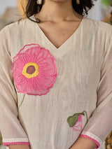 Beige cotton linen patch work kurti set