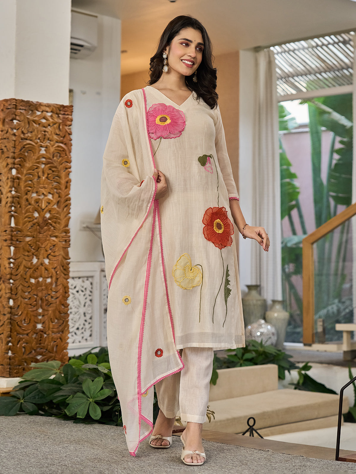 Beige cotton linen patch work kurti set