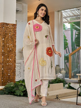 Beige cotton linen patch work kurti set