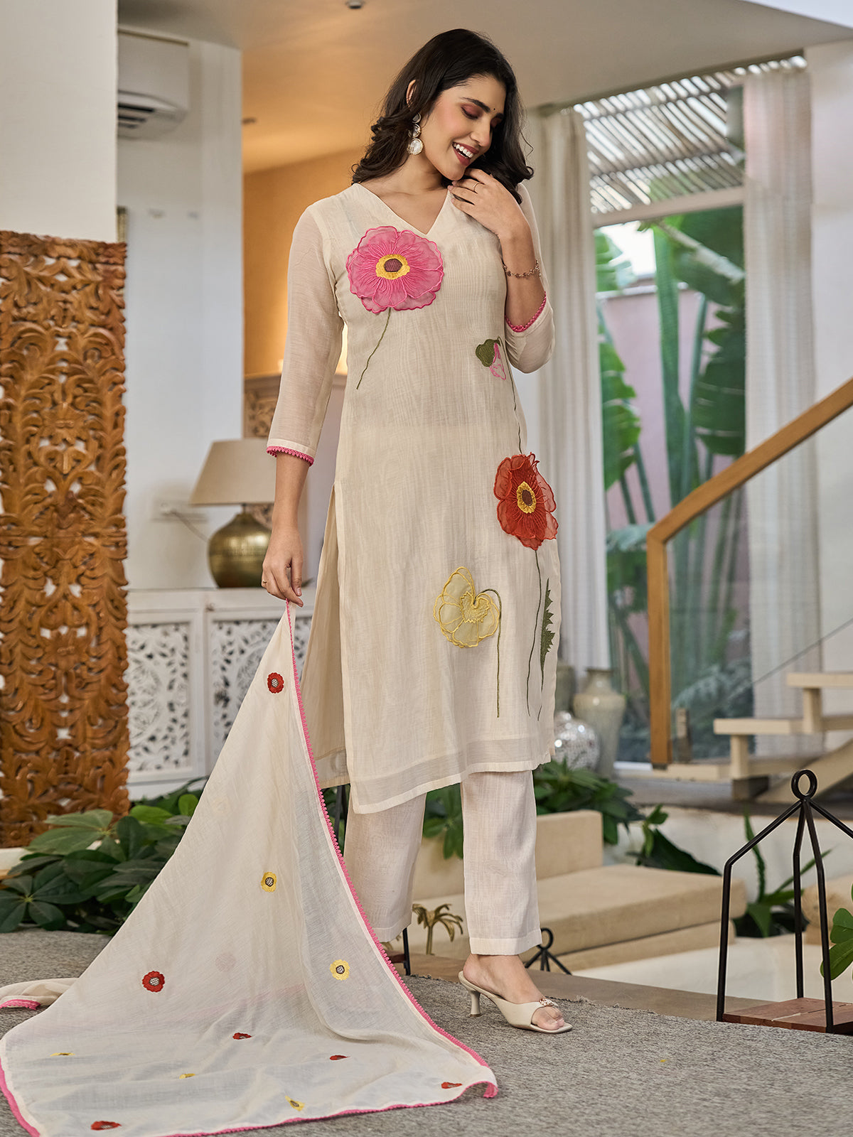 Beige cotton linen patch work kurti set