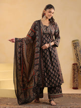 Black cotton silk ajrakh kurti set with dupatta