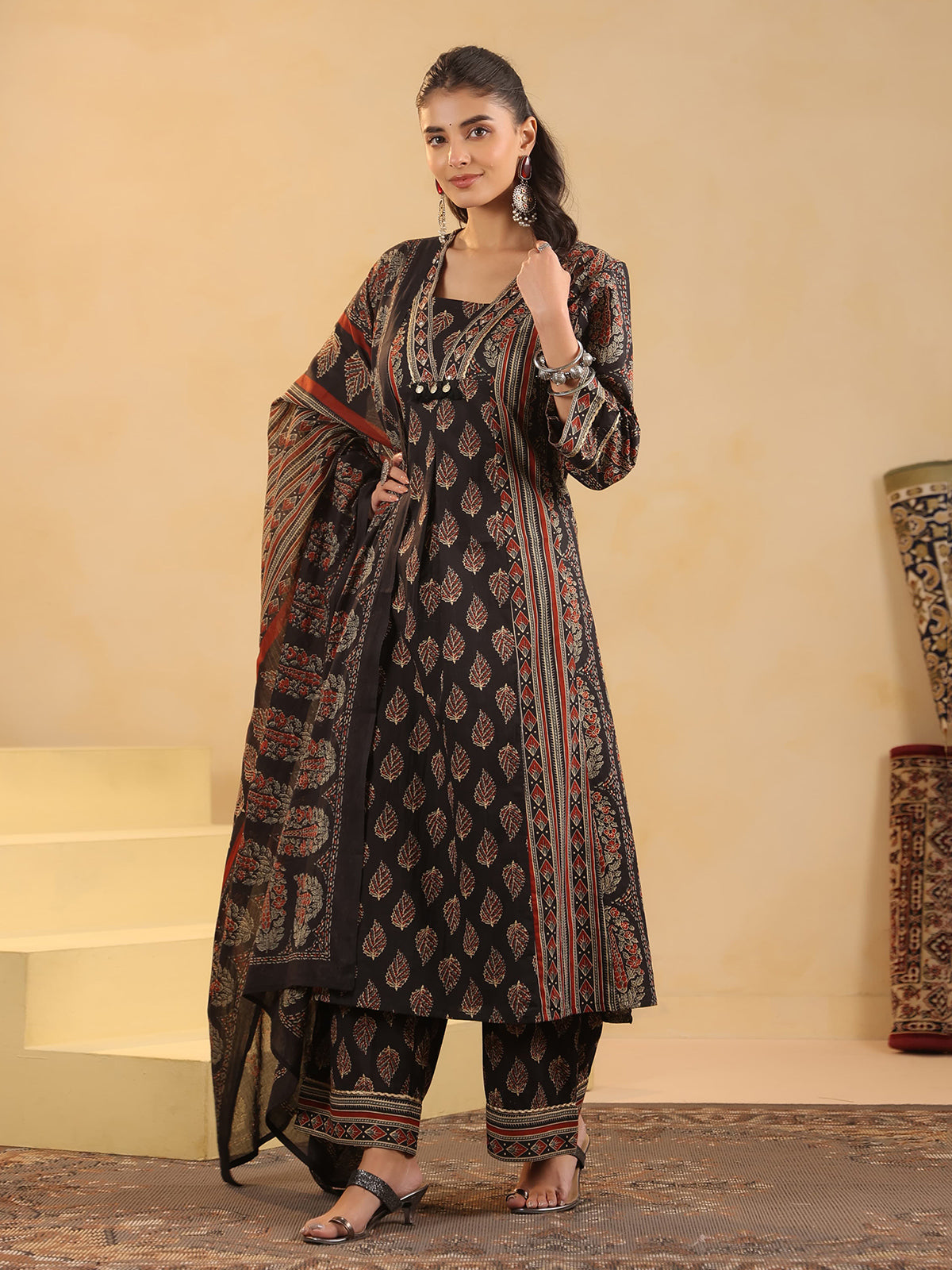Black cotton silk ajrakh kurti set with dupatta