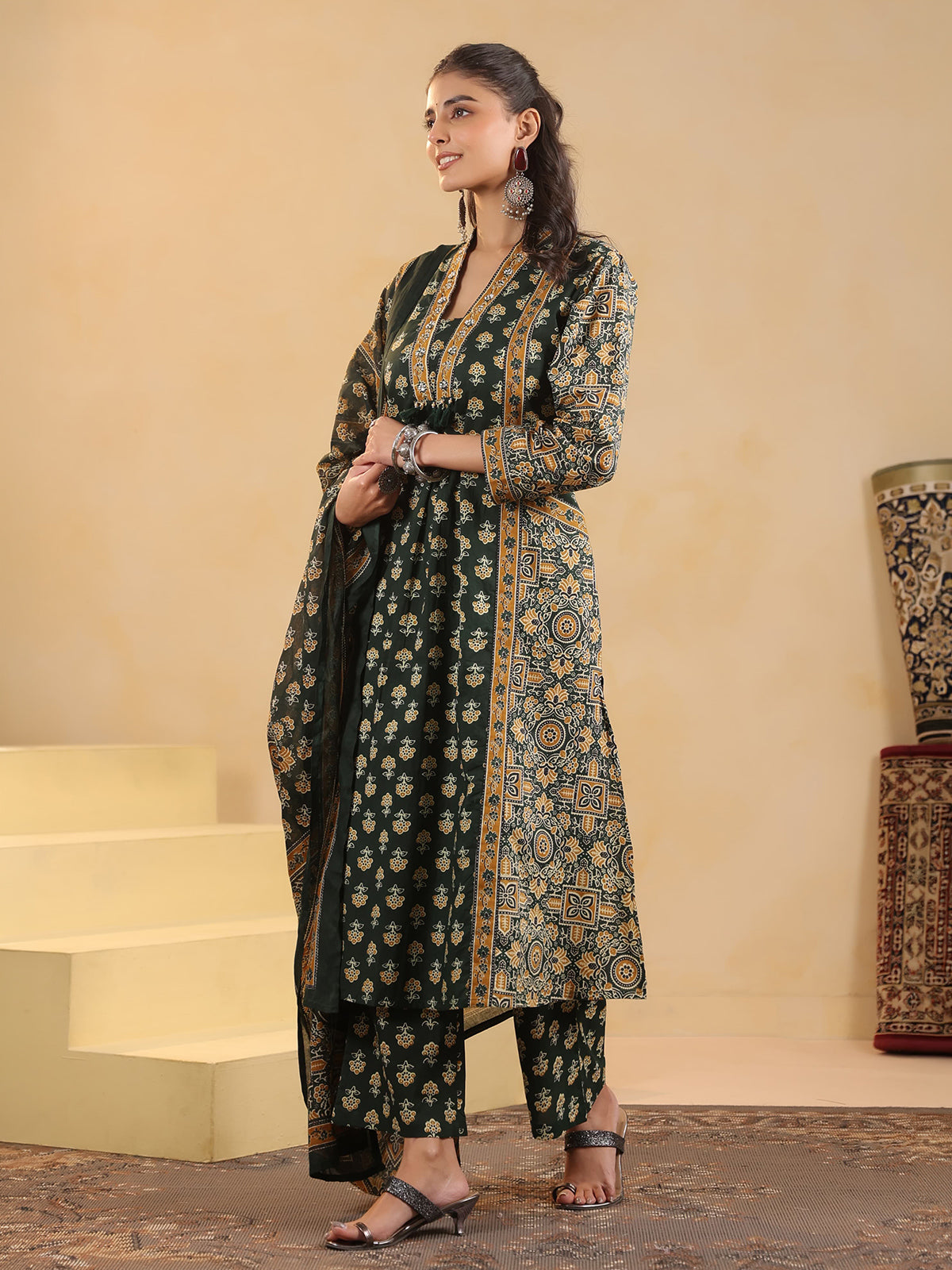 Green cotton silk ajrakh printed kurti pant set