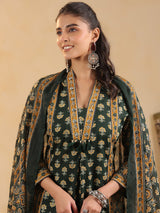 Green cotton silk ajrakh printed kurti pant set