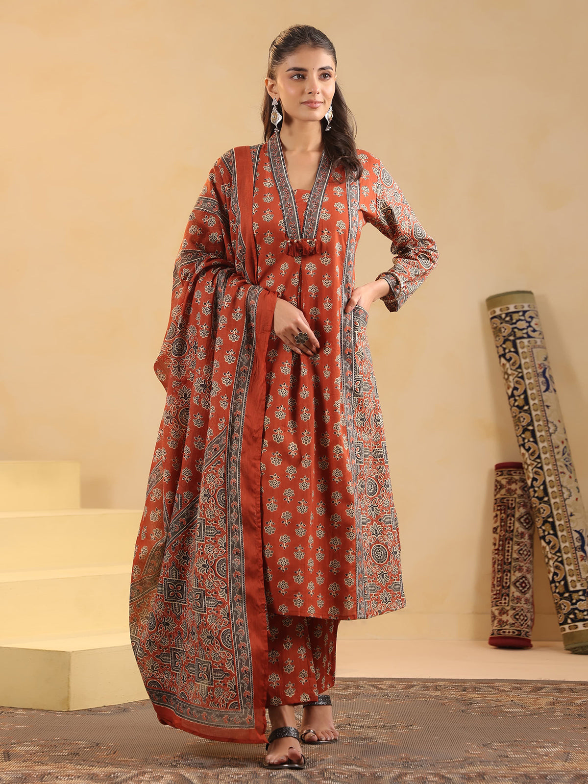 Orange cotton silk ajrakh printed kurti pant set