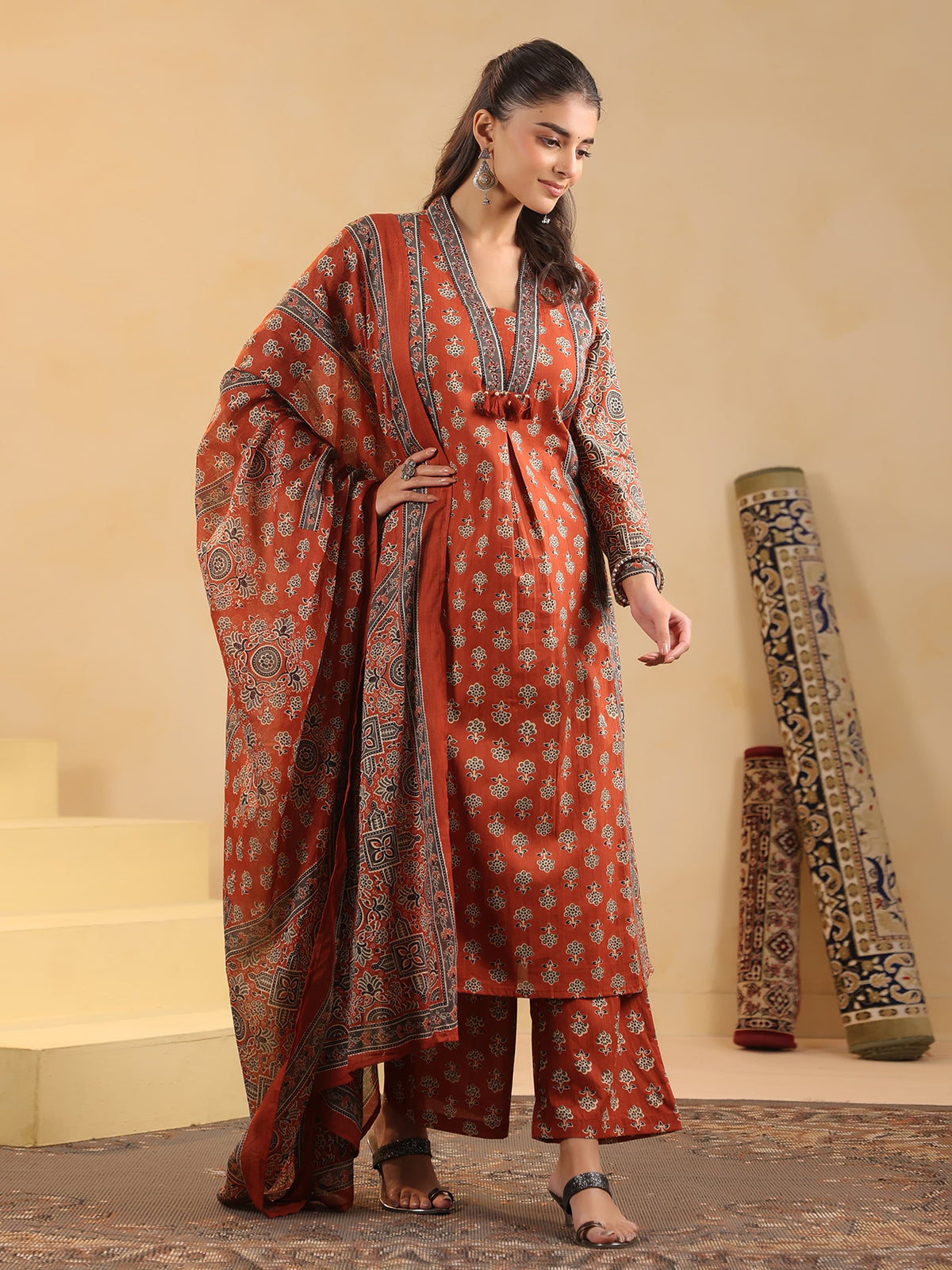 Orange cotton silk ajrakh printed kurti pant set
