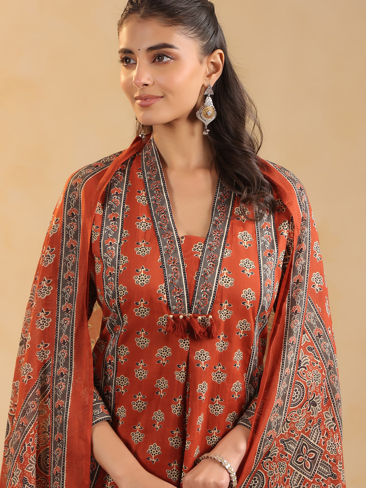 Orange cotton silk ajrakh printed kurti pant set
