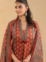 Orange cotton silk ajrakh printed kurti pant set