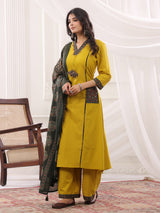 Mustard yellow cotton silk ajrakh anarkali set