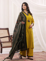 Mustard yellow cotton silk ajrakh anarkali set