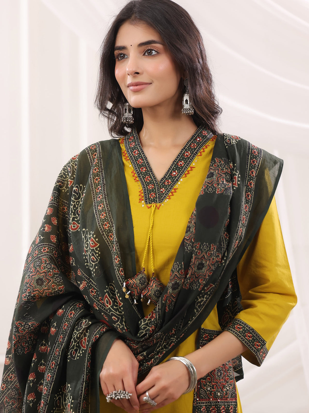 Mustard yellow cotton silk ajrakh anarkali set