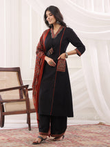 Black cotton silk ajrakh anarkali festive kurti set