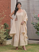 Beige cotton silk embroidered anarkali kurti pant set for women