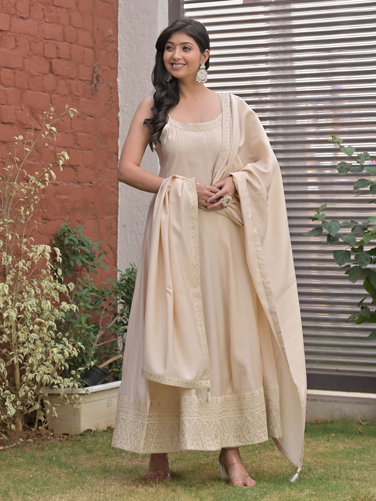 Beige cotton silk embroidered anarkali kurti pant set for women