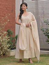 Beige cotton silk embroidered anarkali kurti pant set for women