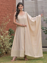 Beige cotton silk embroidered anarkali kurti pant set for women