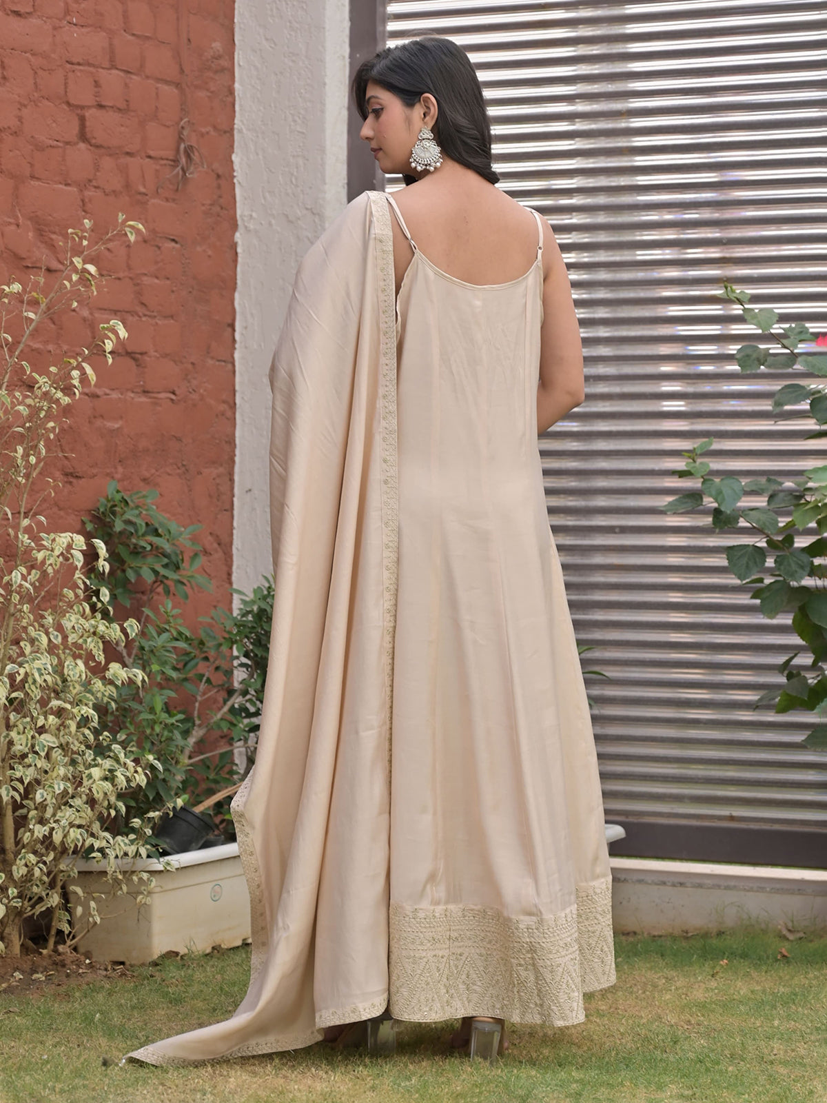 Beige cotton silk embroidered anarkali kurti pant set for women