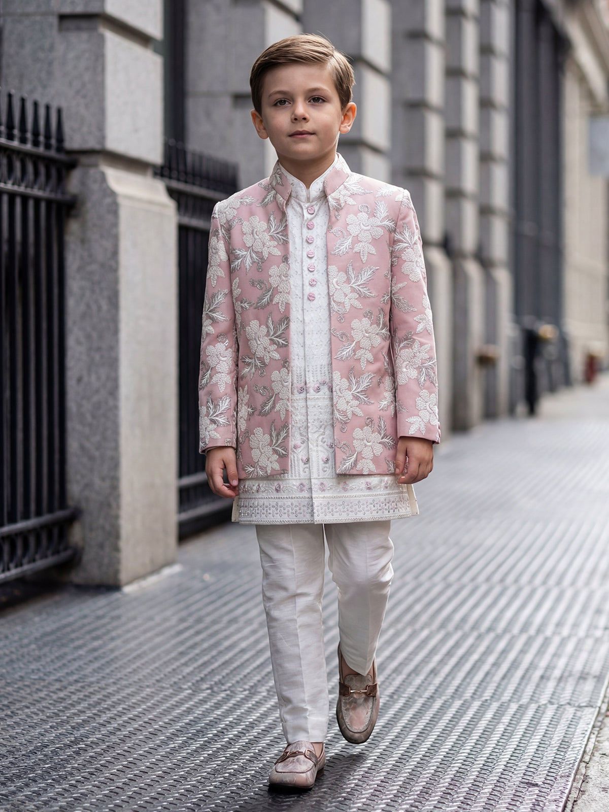Light pink silk boys indowestern set with embroidery