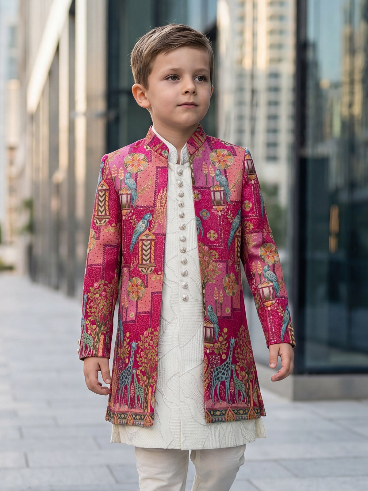 Magenta silk printed indowestern set for boys