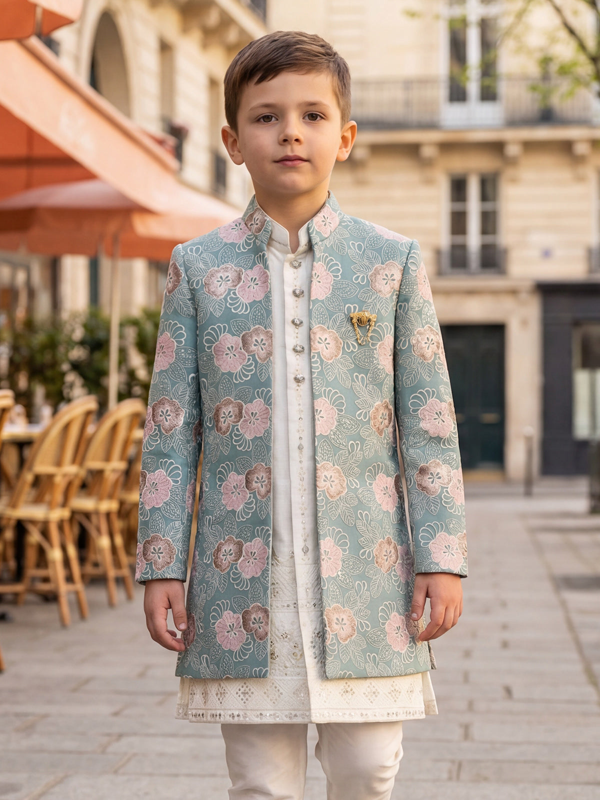 Sea blue reception wear silk indowestern set