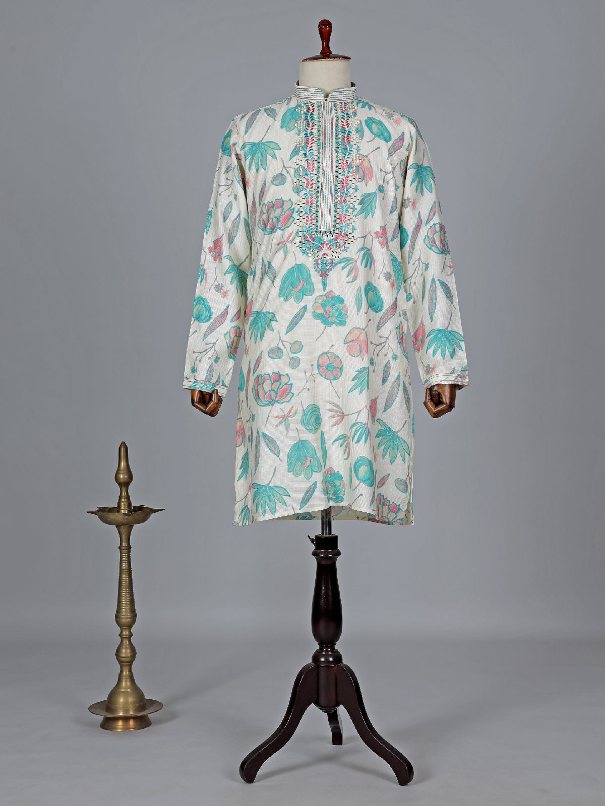 Off white and blueprinted cotton silk kurta suit