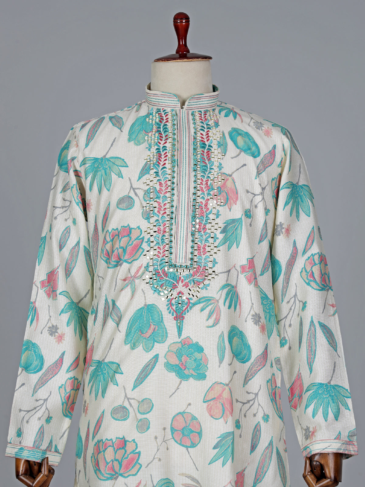 Off white and blueprinted cotton silk kurta suit