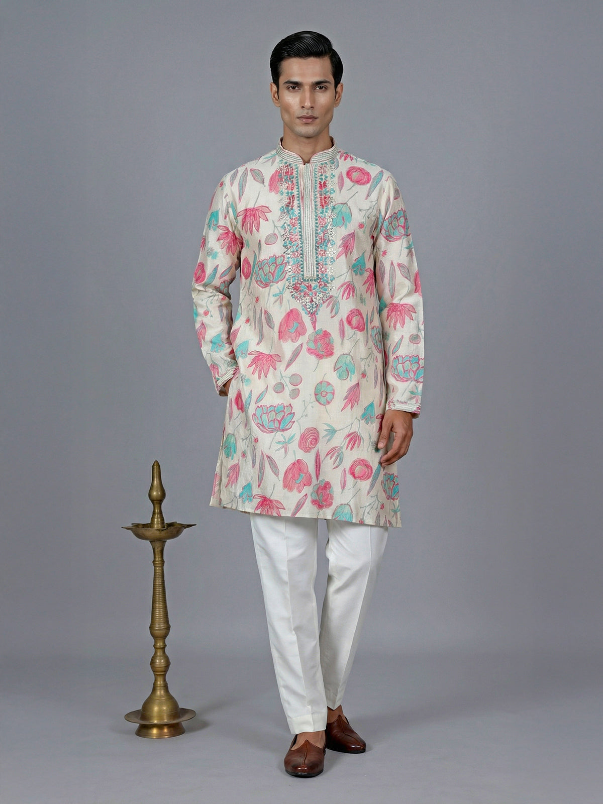 Pink and off white cotton silk kurta suit